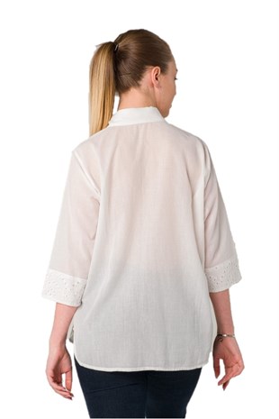 GömlekSOLO TRİKOA21A001-1Solo Kadın Güpür Ajur Detaylı Pamuk Polin Gömlek